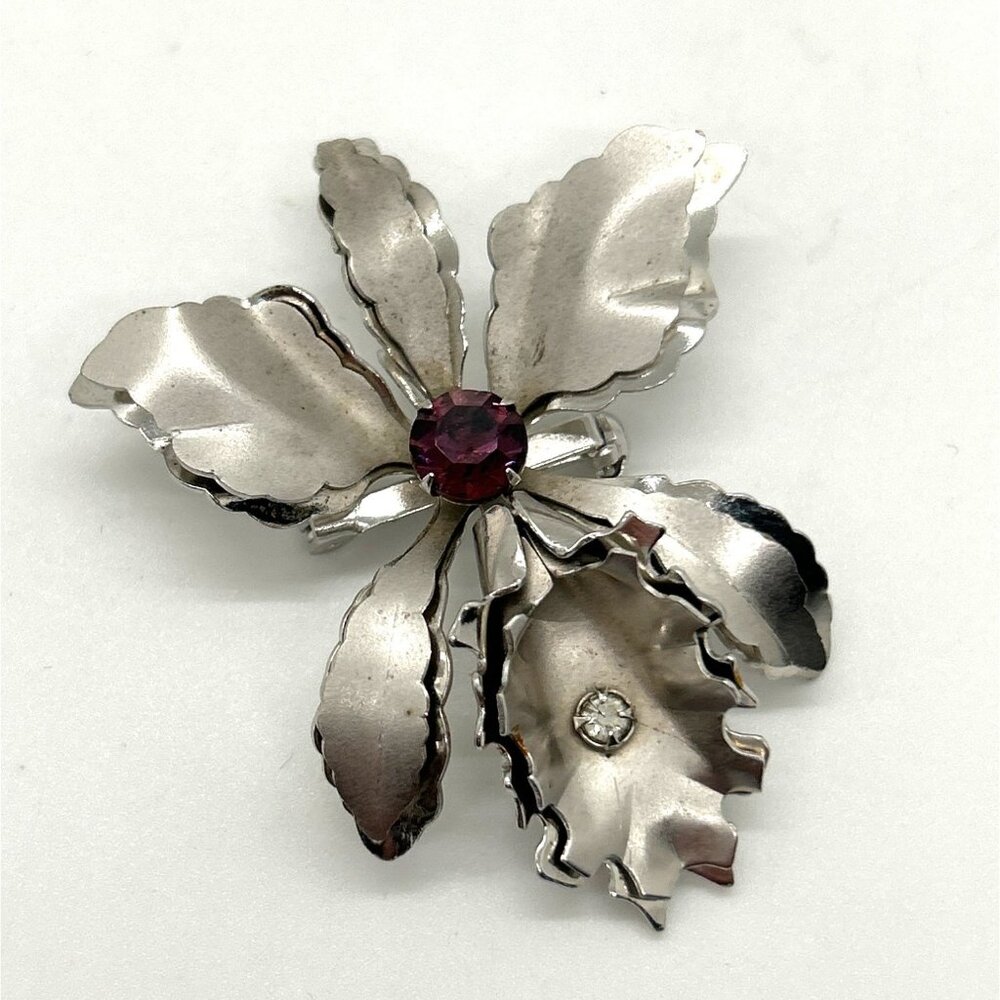Vintage Silve Tone Brooch & Pendant Orchid With Purple & Clear Rhinestones